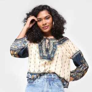 Farm Rio Boho Floral Tassel Crop Top Blouse Medium Linen Blend